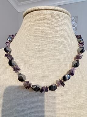 Vintage Genuine Amethyst & Hematite Beaded Necklace 18”
